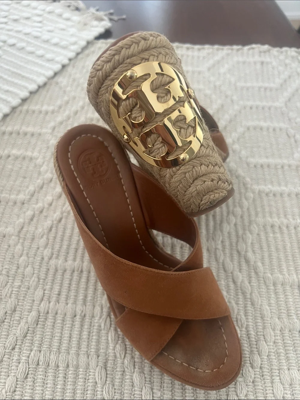 Tory Burch Cognac Suede Crisscross Espadrille Slides